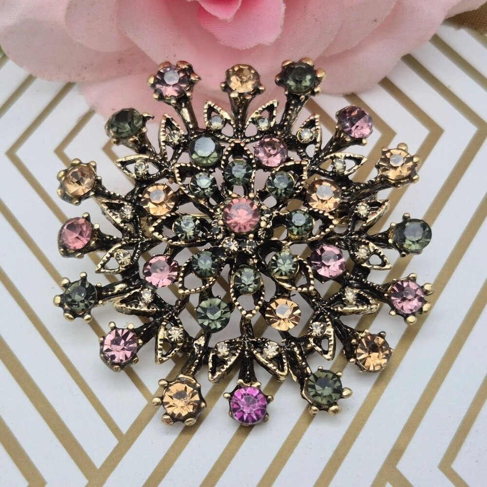 Vintage Mid Century Gold Tone Sunburst Brooch Pin Pendant 2" Whimsigoth Fairy